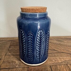 Potter’s Studio 6 1/2” Tall Blue, Leaf Design Jar W/ Lid